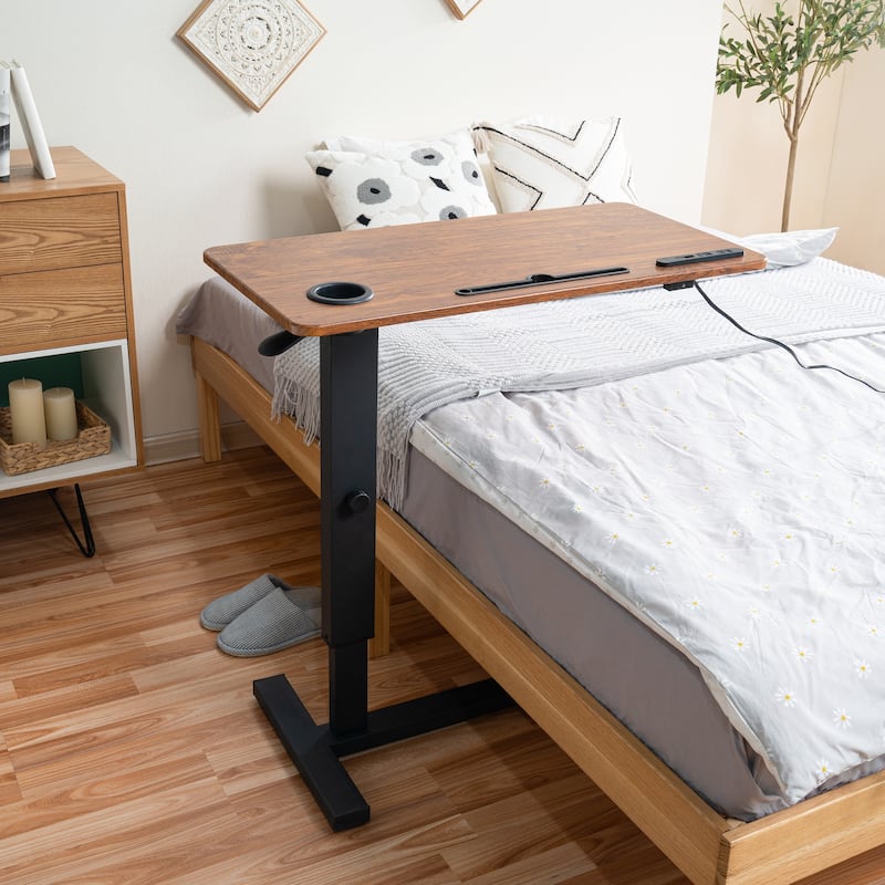 Height-Adjustable Overbed Table with Hidden Casters, Portable Bedside Desk with Tray, Pen Holder, USB & C-Type Ports - Espresso,Black