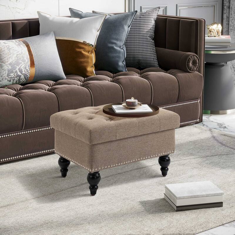 HOMCOM Storage Ottoman with Removable Lid, Button-Tufted Fabric Bench for Footrest and Seat with Wood Legs