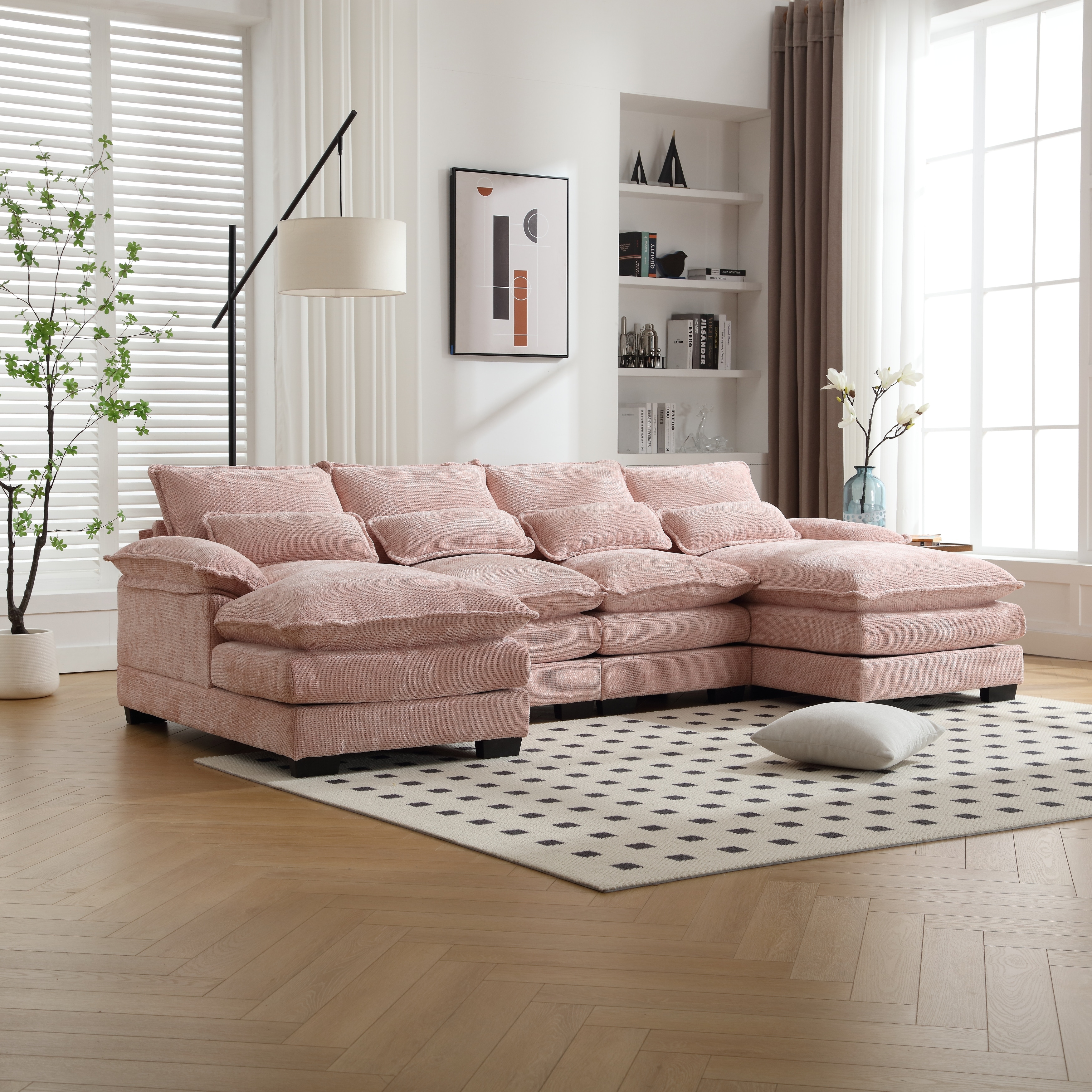 Modern Upholstered Sectional Sofa, 110" Chenille Fabric Modular Couch, U Shape 4 Seat Sleeper Sofa with Double Chaise