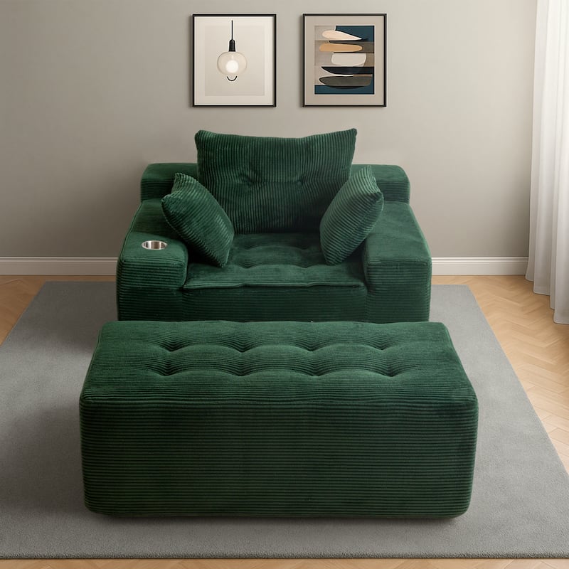 Corduroy Upholstered Memory Foam Sofa With Ottoman Upholstered Bean Bag Couch - 48.4"Lx67.7"Wx24.4"H