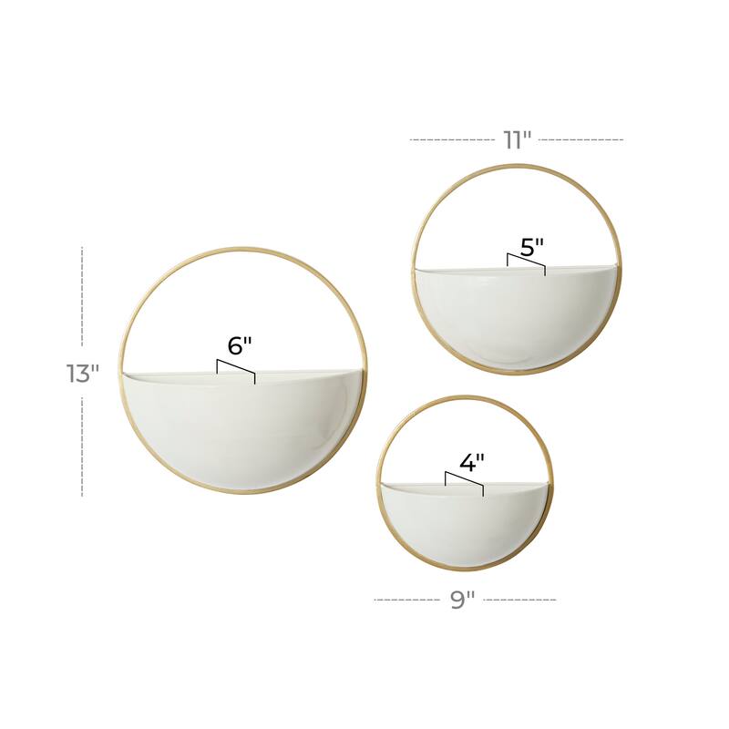 Metal Geometric Indoor Outdoor Round Wall Planter - Set of 3 White, Gold, Black - Roche River Decor