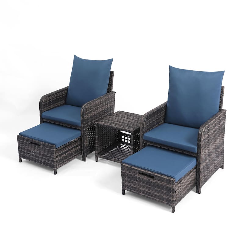 5-Piece PE Rattan Outdoor Patio Set with 2 Chairs, 2 Ottomans, Coffee Table