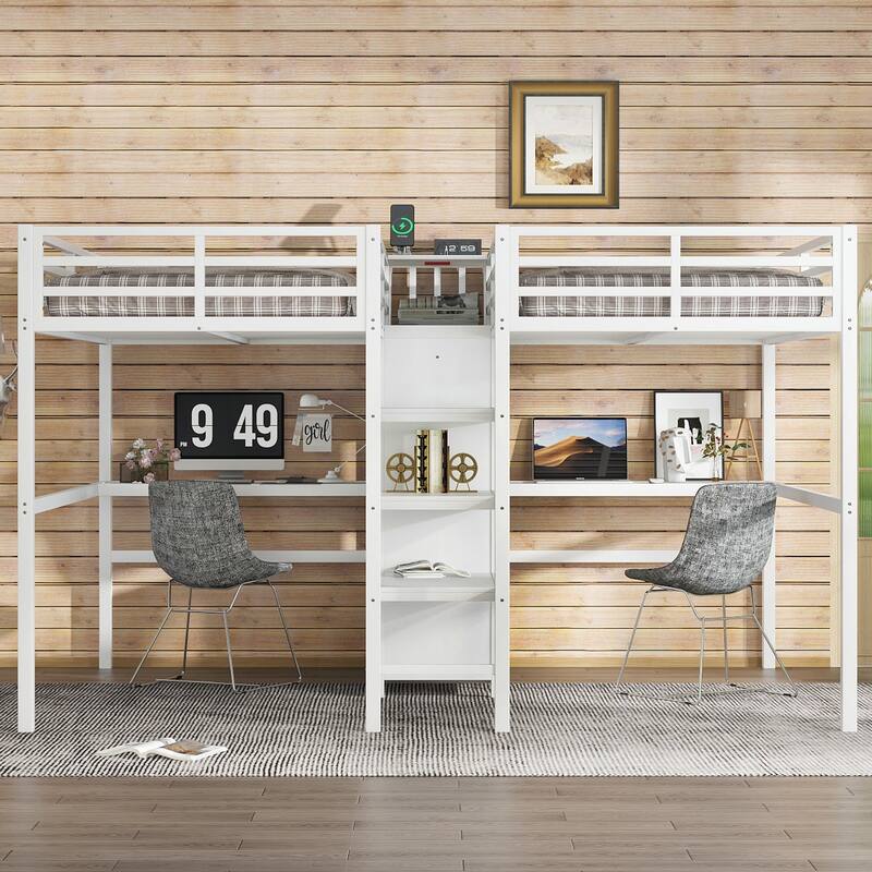 Roomfitters Twin Corner Loft Beds with Double Desk and Wardrobe, Metal Frame with Power Outlets - White