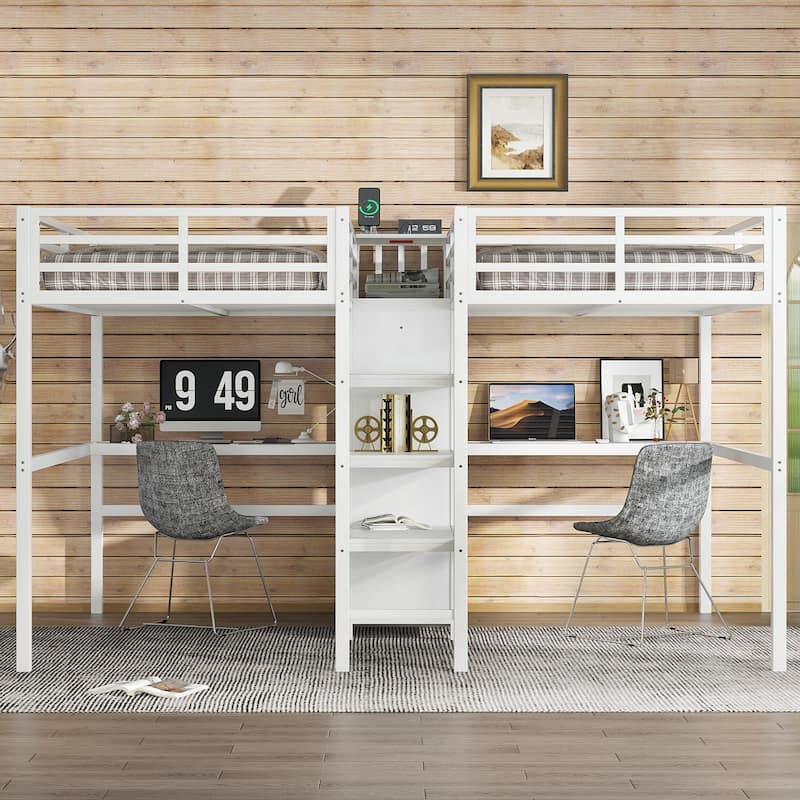 Twin Over Twin Metal Loft Bed with Double Desk, Wardrobe & Shelves