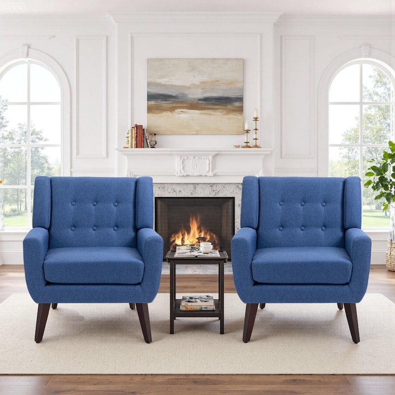 2 Set Modern Tufted Linen Upholstered Accent Chair Faux Leather Armchair - Linen - Blue Linen