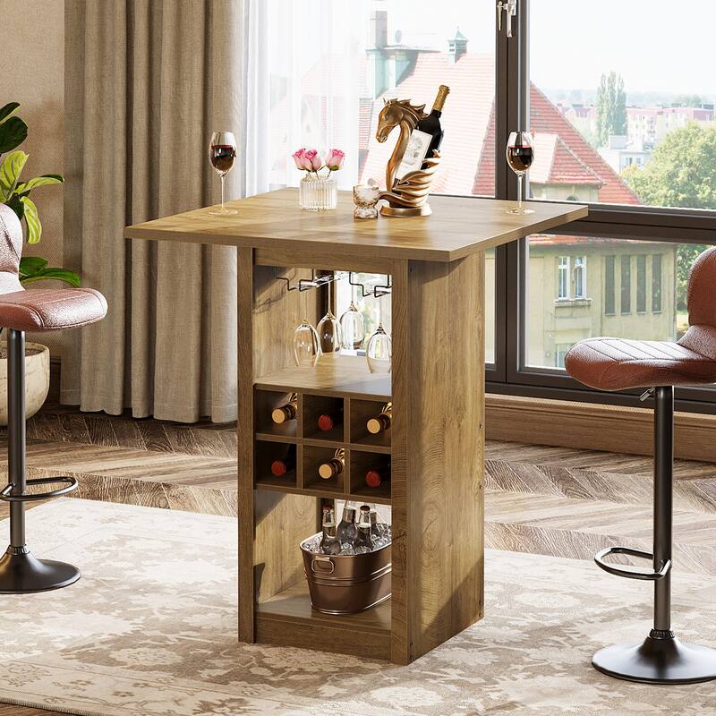 Wood Counter Height Bar Table, Glass Holders Wine Racks Storage Shelves, Kitchen Bistro High Top Pub Cocktail Home Bar Unit