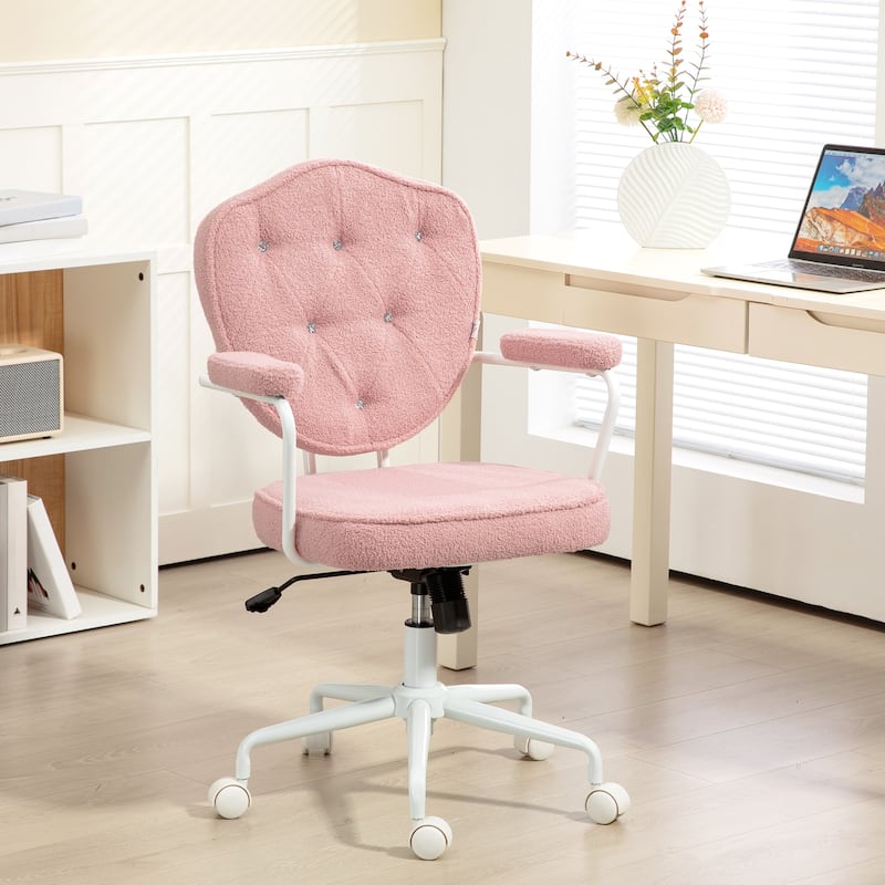 Cute Home Office Chair, Computer Desk Chair with Button Tufted Velvet-Feel Fabric, Swivel Vanity Chair, Cream White