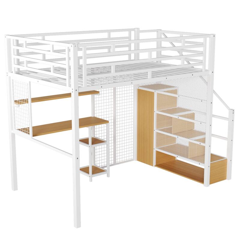 Full Size White Metal Loft Bed with Built-in Wardrobe, Desk & Storage Shelves