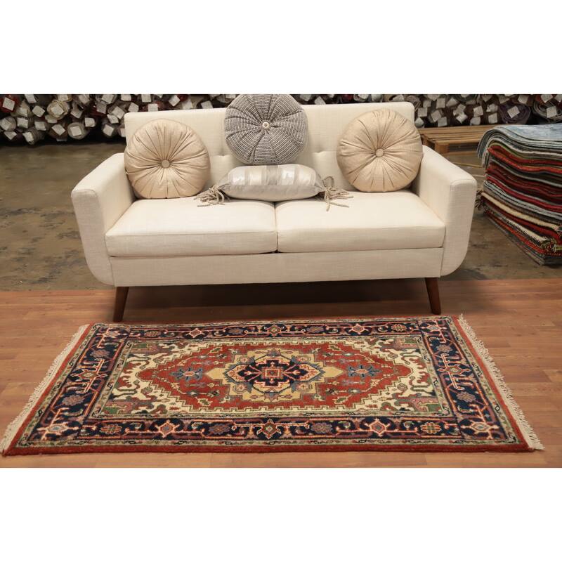Hand Knotted Oriental 100% Wool Carpet Traditional Medallion Oranges & Rust Heriz (serapi) Area Rug - 5' 4'' X 2' 9''