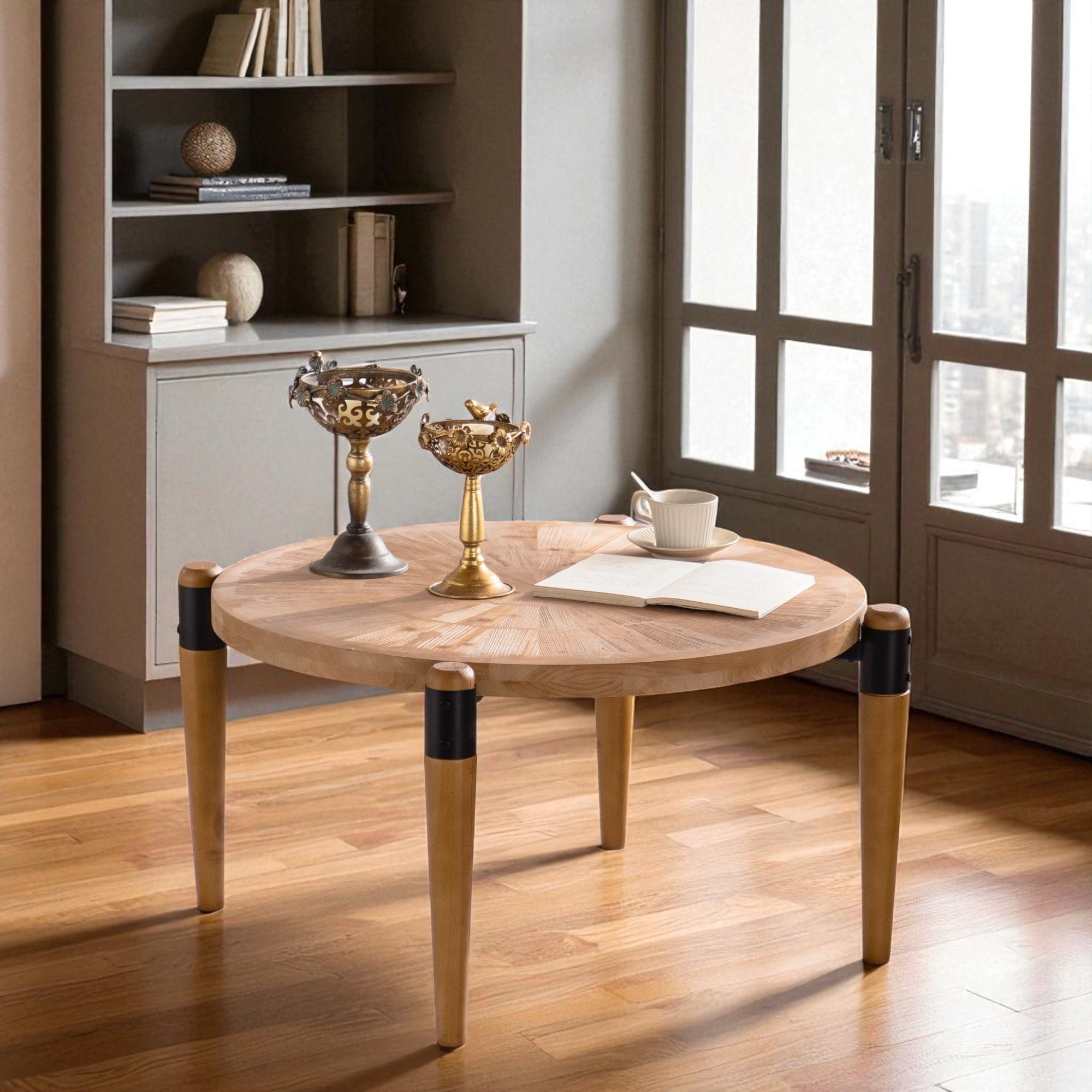 Round Rustic Wood Coffee Table - 36" Farmhouse Modern Center Table for Tea, Cocktail, Bedroom or Office