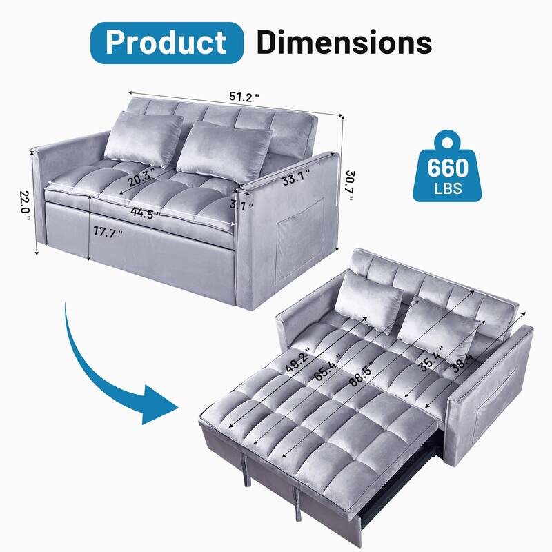 3-in-1 Convertible Sleeper Loveseat Pull Out Twin Size Suede Sofa Bed with 2 Pillows & Pocket