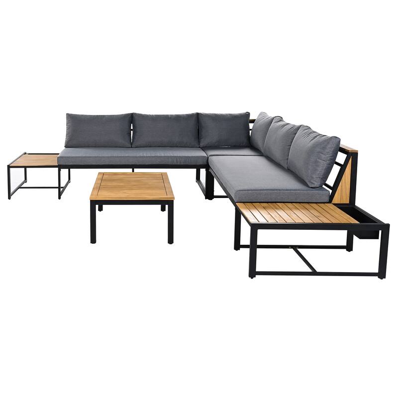 4-Piece Outdoor Patio Iron Sectional Sofa Set with Coffee Table and Side Storage Shelf