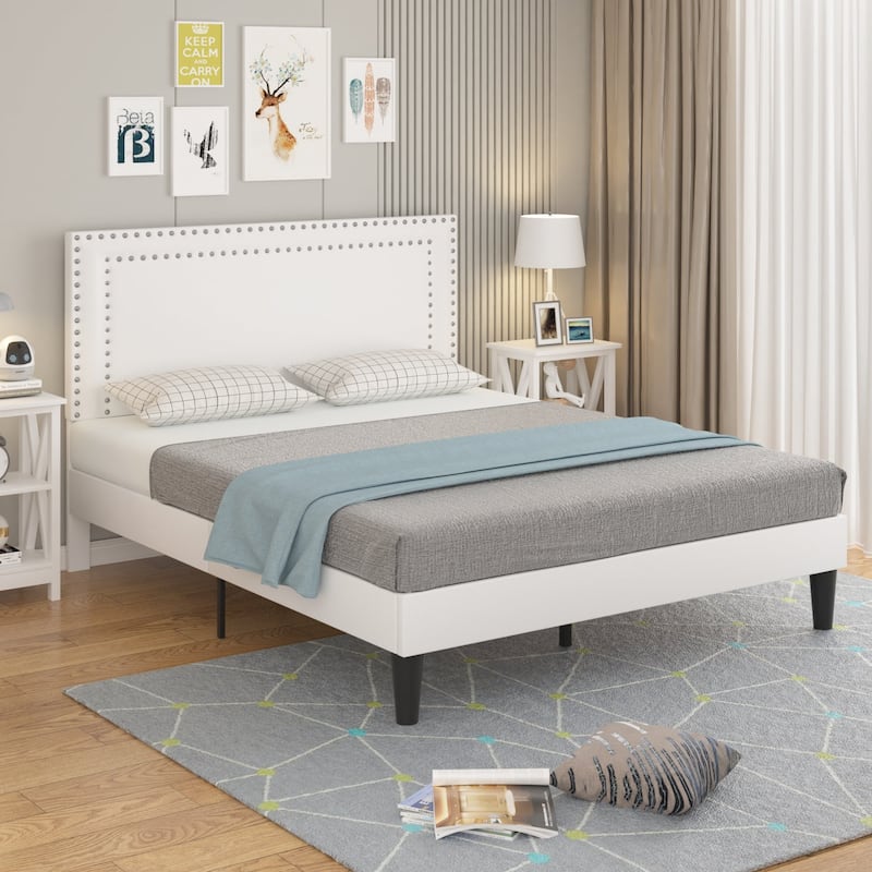 Javlergo 4 Piece White Bedroom Set Upholstered Bed with Adjustable Headboard 2 X Frame Nightstands Lockable LED Jewelry Cabinet