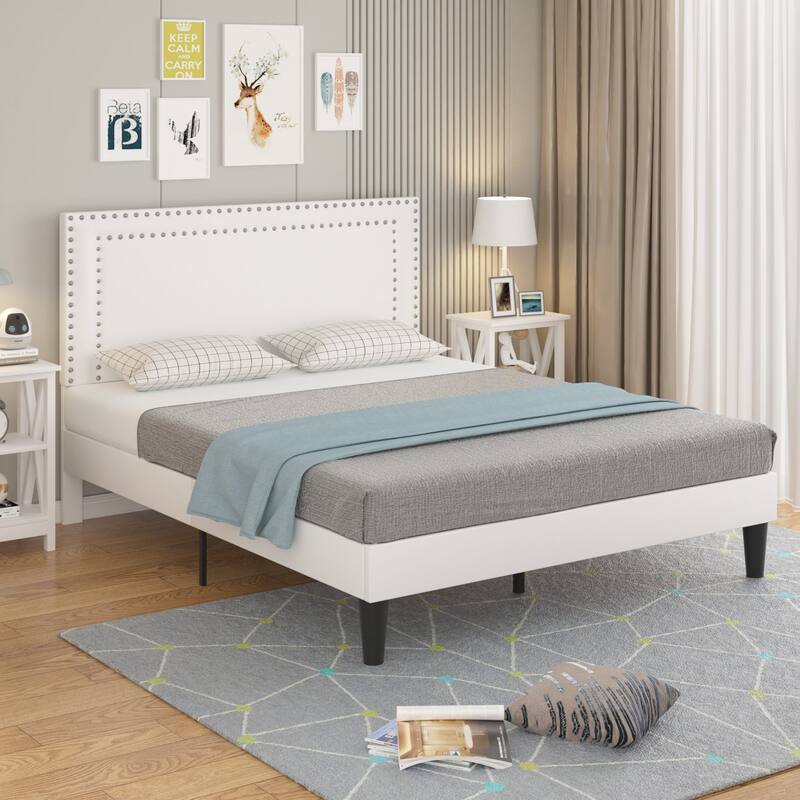 VECELO White 4 Piece Bedroom Set Upholstered Height-Adjustable Bed Nightstand Standing Jewelry Cabinet