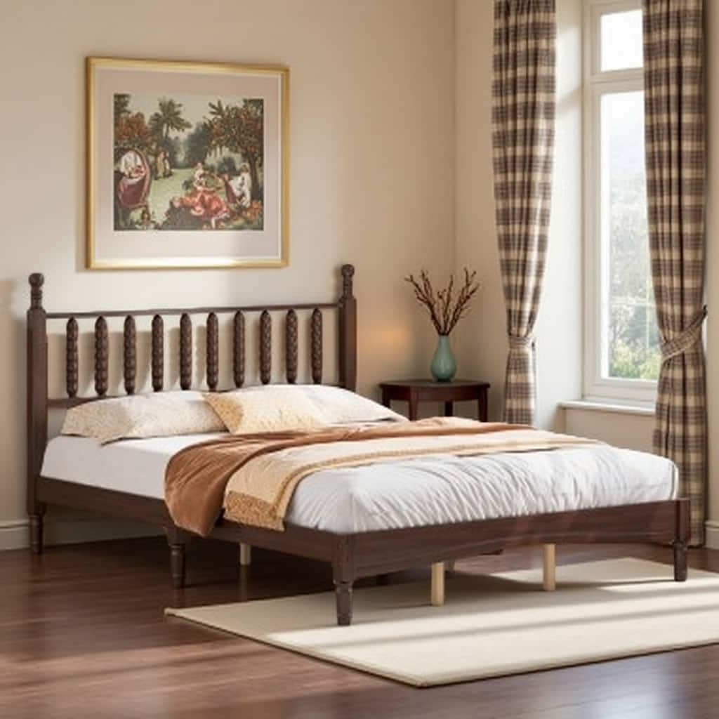 Vintage Queen Platform Bed with Wood Frame and Gourd-Style Headboard, Retro Design with Slatted Base, No Box Spring Needed
