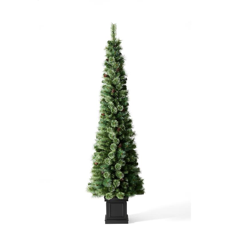 Glitzhome 7FT Pre-Lit Slim Artificial Christmas Tree with 200 LED Lights and Base, 9 Functional Warm White/Multi-Color