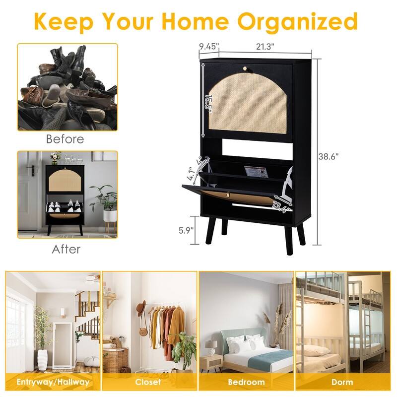 Rattan Shoe Cabinet with 2 / 4 Flip Drawers, Narrow Shoe Storage Cabinet,Organizer for Entryway, Bedroom, Living Room