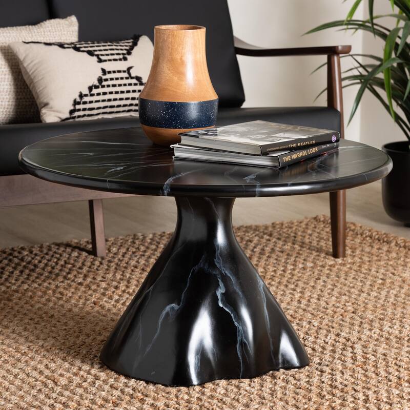 Aponi Marbled Resin Coffee Table - Sculptural Center Table with Round Top and Pedestal Base, Modern Contemporary Furniture