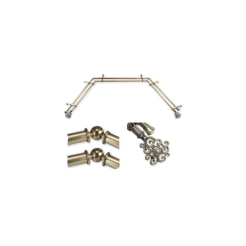 Adjustable Curtain Rods & Hardware Set - Telescoping Rods, Antique Brass Finials, Bay Window Curtain Rod - M