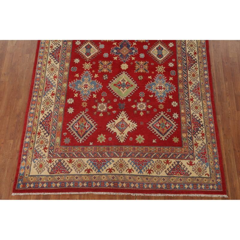 Red Geometric Kazak Area Rug Hand-Knotted Bedroom Wool Carpet - 6'2" x 10'2"