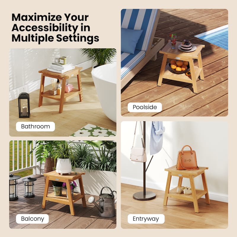 Gymax 20'' Teak Wood Shower Bench w/ Storage Shelf Adjustable &