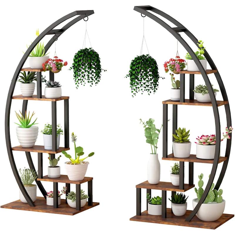 5 Tier Metal Plant Stand Indoor Half Moon Shape Ladder Display Rack - Brown