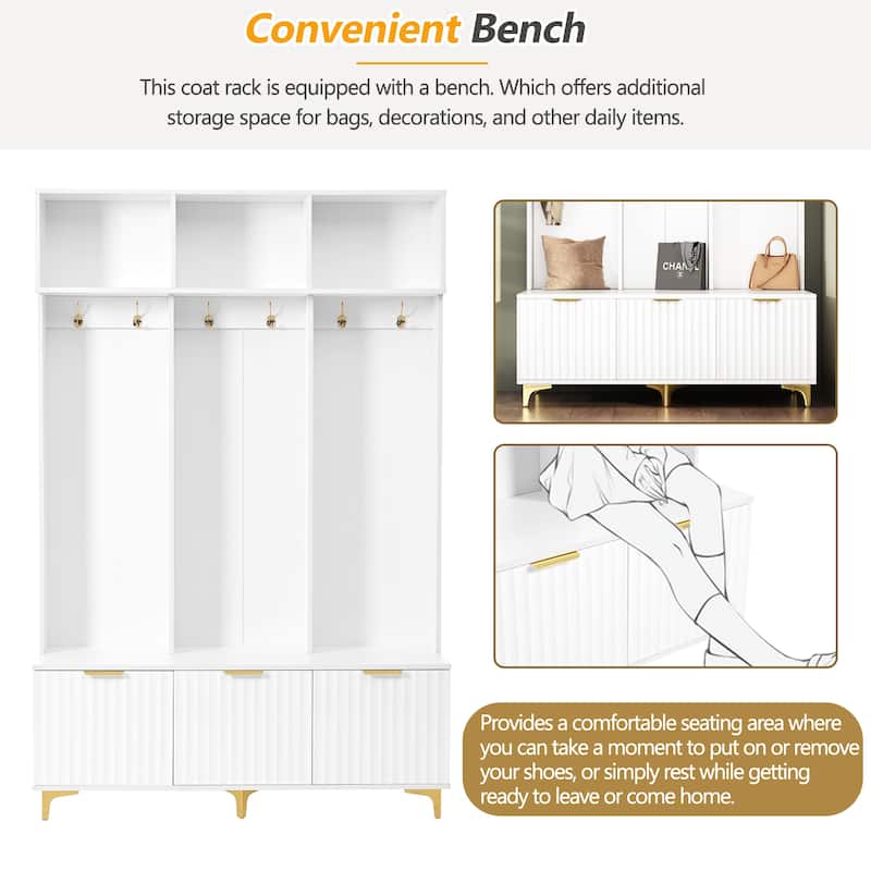 3-in-1 Hall Tree with Storage Bench & Shoe Storage, Glossy Fluted Cabinet Coat Rack with Gold Handles and Legs