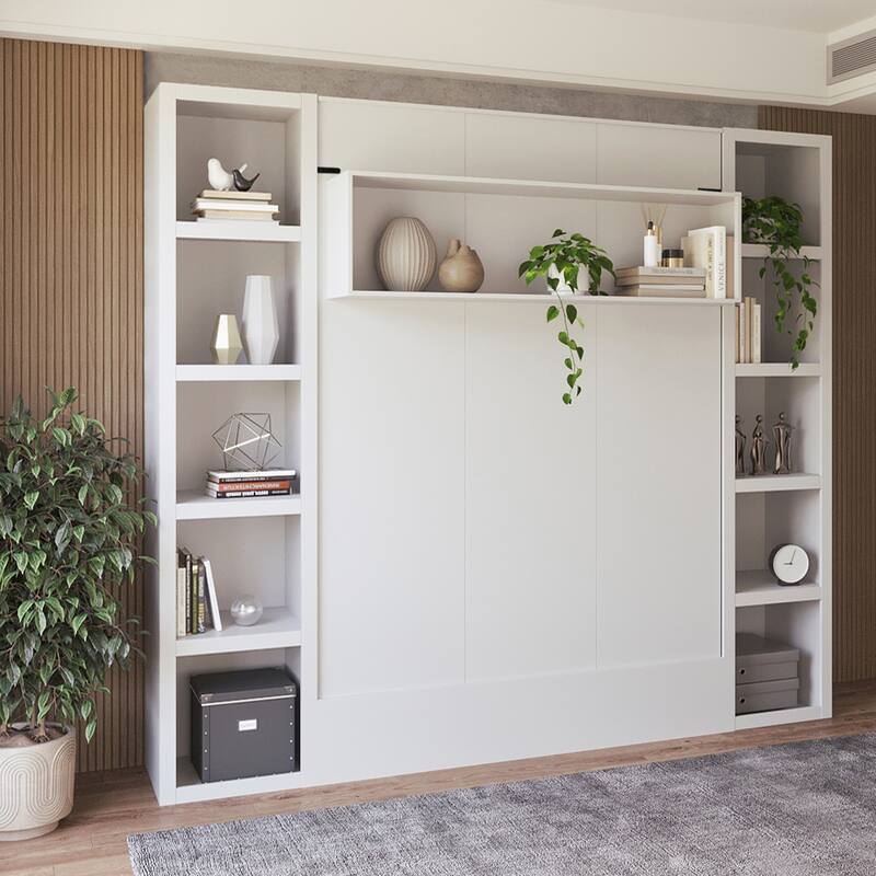 Easy-Lift Queen Murphy Wall Bed in with Two Bookshelves - White