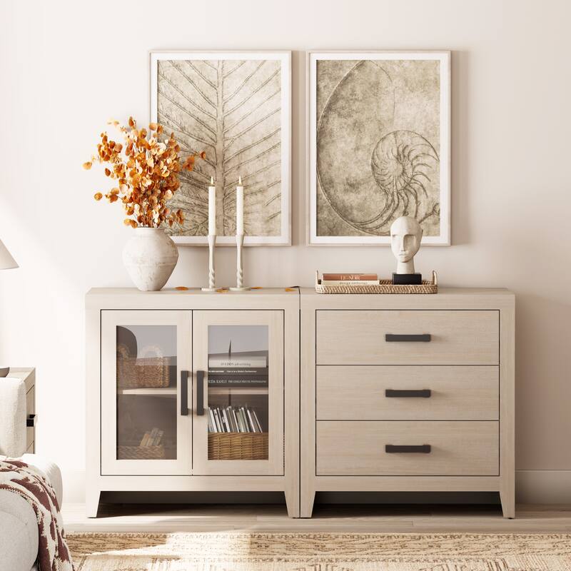WAMPAT Farmhouse Buffet Cabinet, 2-Piece Sideboard with Glass Door & Storage Drawers for Kitchen