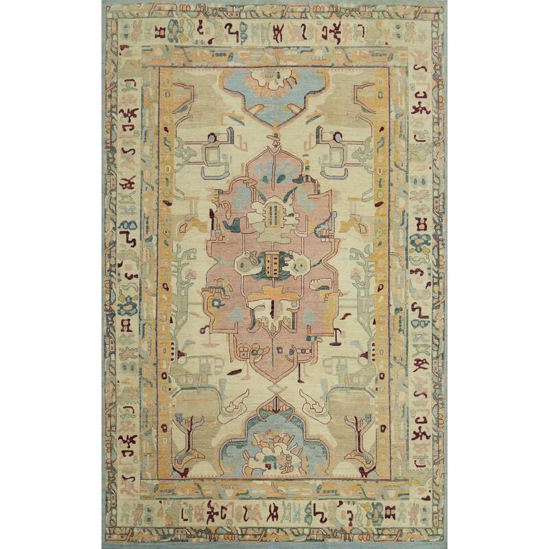 Geometric Wool Oushak Vegetable Dye Large Rug, Medallion Geometric Carpet - 17' 11'' X 12' 3''