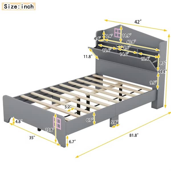 Wooden Twin Size House Bed with Storage Headboard and Shelf, Kids Bed