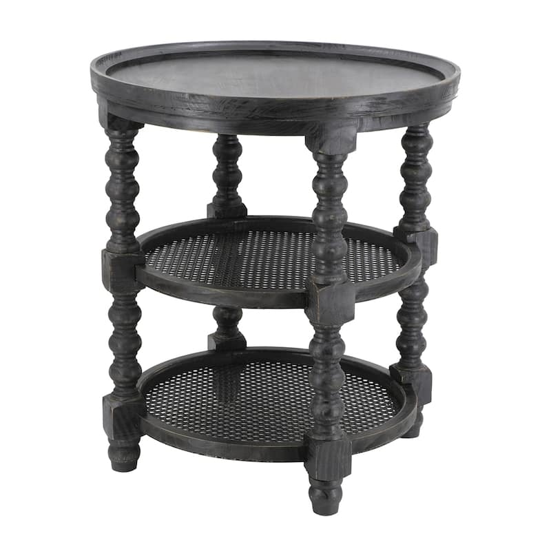 GDFStudio - Jonah Traditional Three-Tier Side Table with Rattan Shelves and Turned Wood Legs - 25.6"