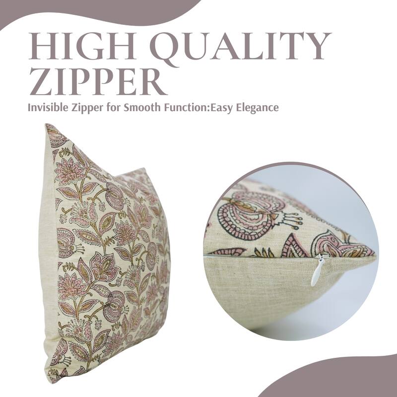 Fabdivine Linen Blend Handmade Block printed Floral Cushion Cover for Rustic Living or Bedroom 24x24 Inch, Custard Apple