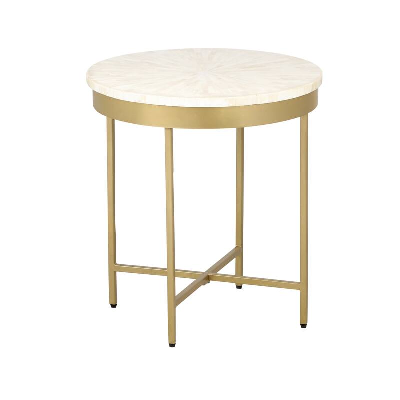 Sevita Alaric Round Bone Inlay and Gold Steel Cross-Leg End Table, 20" W x 22" H - 20" L x 20" W x 22" H