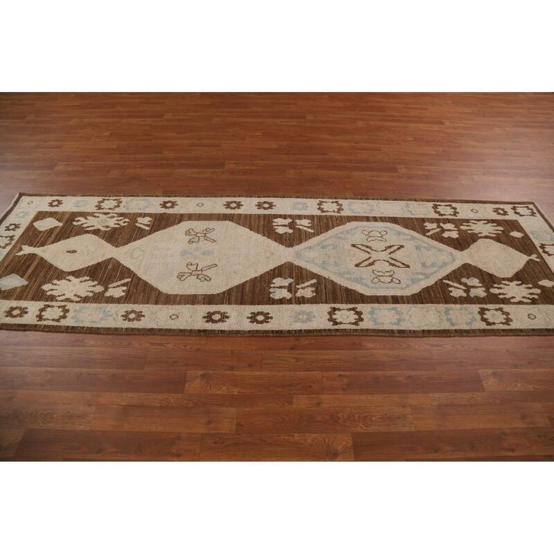 Geometric Oushak Turkish Runner Rug Handmade Wool Carpet - 2'10"x 9'1"