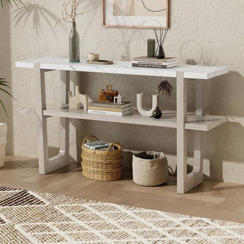 Console Table with Marble-Effect Top - Versatile Storage Solutions - Gray Wash