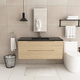 Wall-Mounted Bathroom Vanity in Evita Oak with Integrated Black Sink