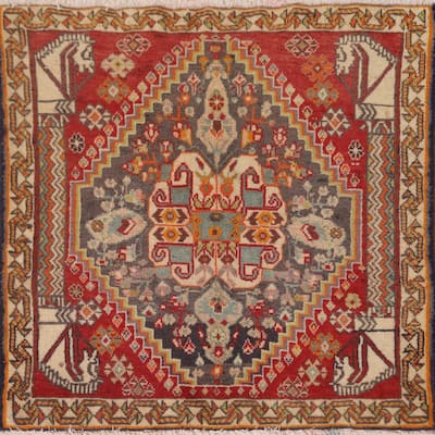 Geometric Abadeh Persian Vintage Square Rug Handmade Wool Carpet - 2'1" x 2'0"