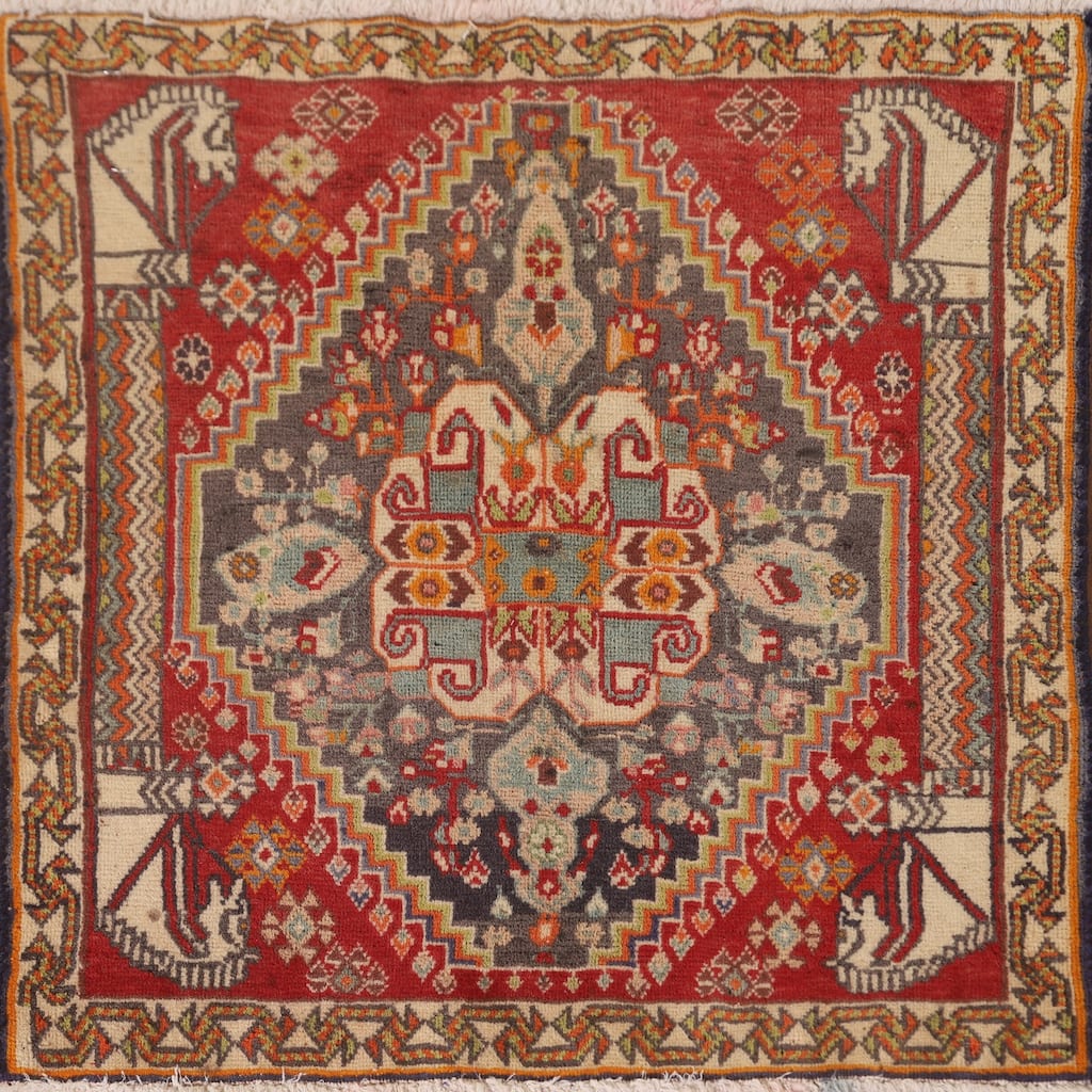 Geometric Abadeh Persian Vintage Square Rug Handmade Wool Carpet - 2'1" x 2'0"