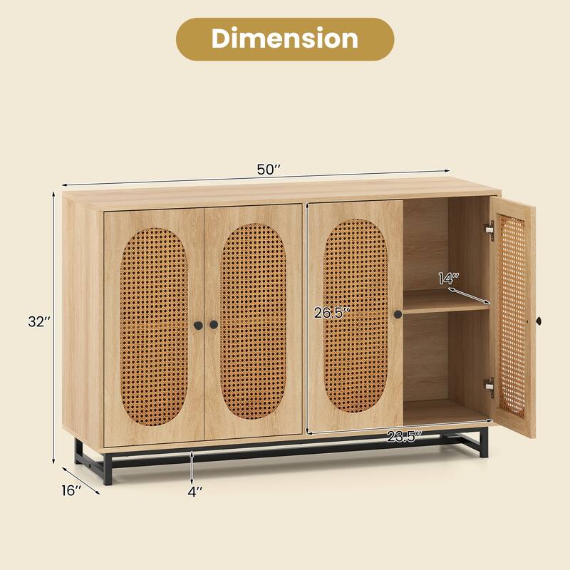 Natural Engineered Wood and Metal Buffet Sideboard with PE Rattan Doors - 50" × 16" × 32"