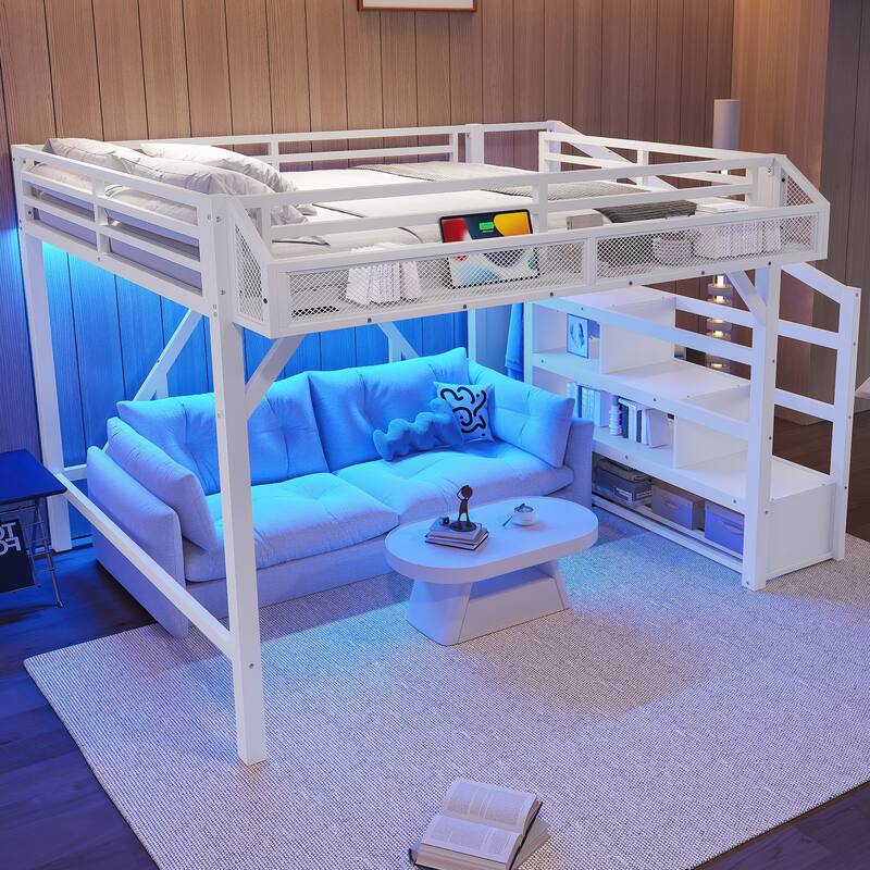 Roomfitters Metal Loft Bed with Wardrobe and Storage Stairs, LED Lights and USB