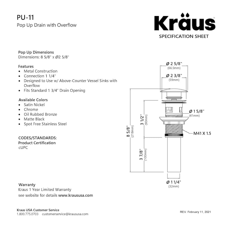 KRAUS Pop-Up Drain w Overflow, Bathroom Sink, Chrome, Nickel