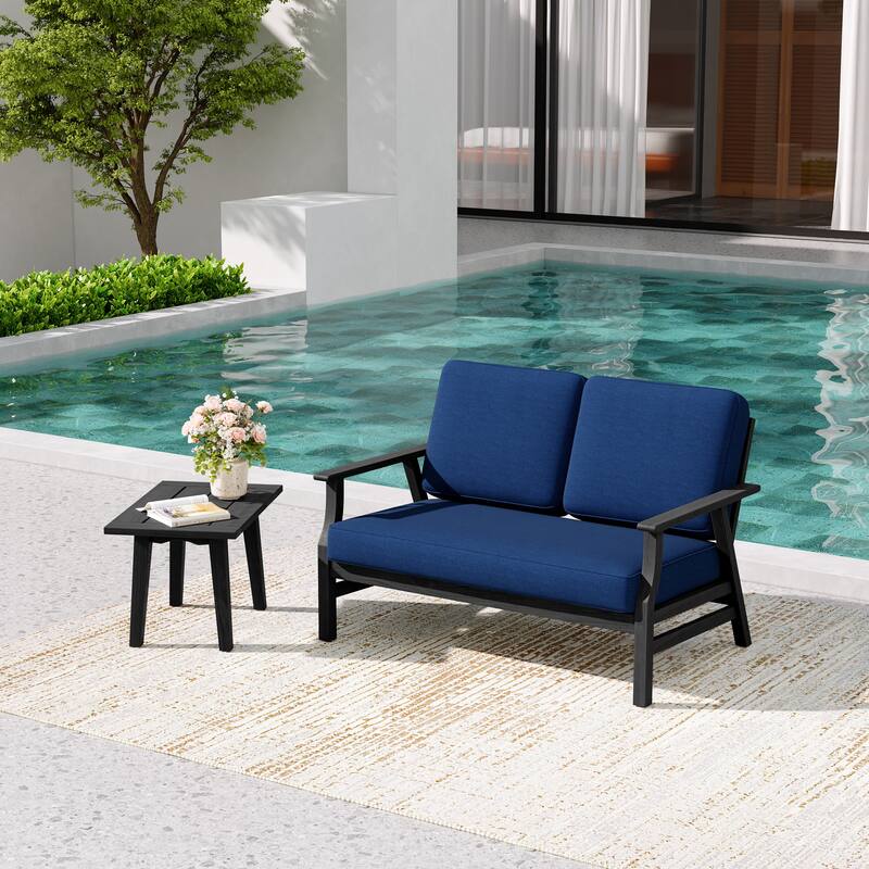 2-Piece Teak Outdoor Loveseat Set with Table.