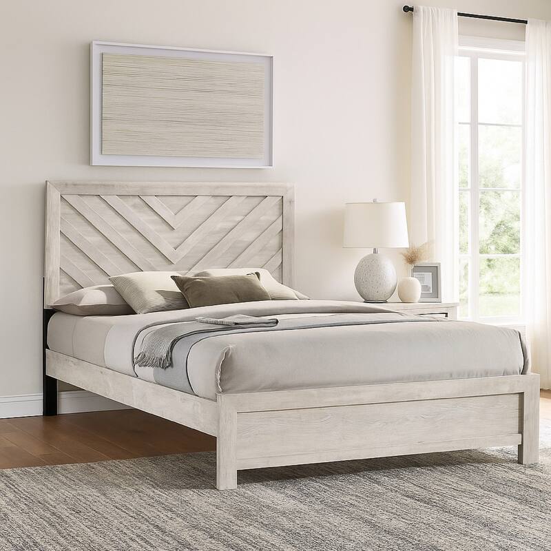 Velz Queen Size Bed w Chevron Patterned Headboard, Beige Wood Finish