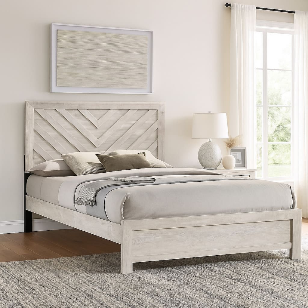 Velz Queen Size Bed w Chevron Patterned Headboard, Beige Wood Finish