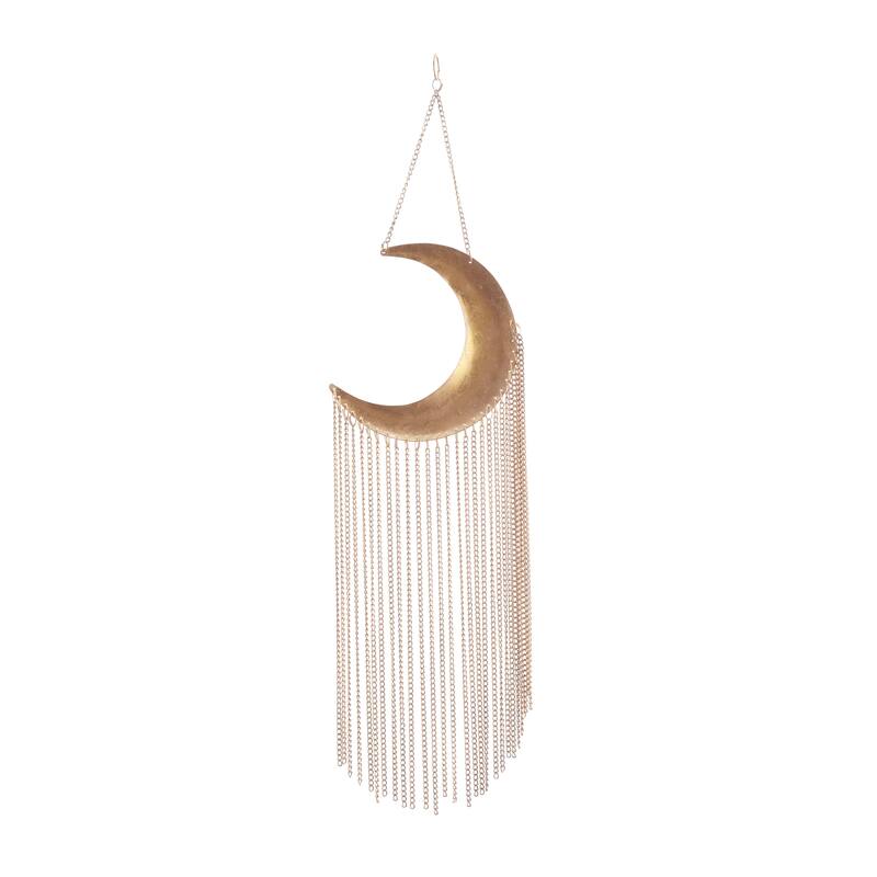 Gold Metal Indoor Outdoor Moon Windchime with Chain Tassels