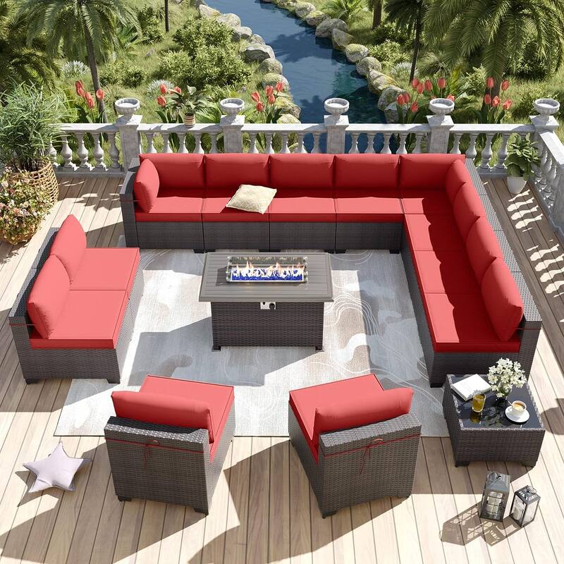 Kullavik 14 Pieces Outdoor Patio Furniture Set with Fire Pit Table - Red