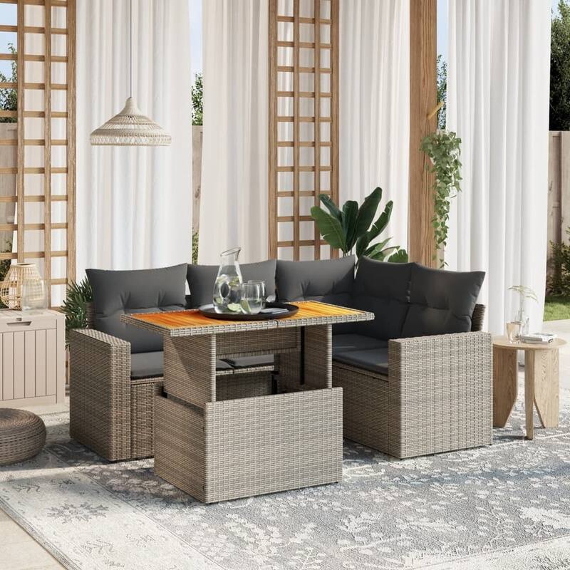 vidaXL Patio Sofa Set with Cushions Table and Lounge Seats 5 Piece Poly Rattan - 21.7 x 39.4 x 28.7 - Grey