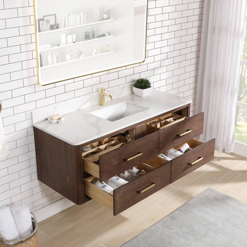 Cristo Floating Bath Vanity with White Quartz Stone Top without Mirror