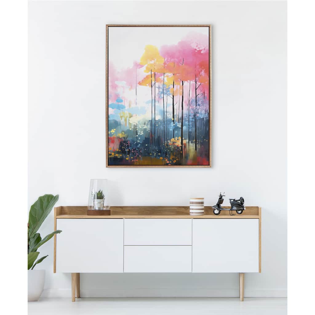 Kate and Laurel Sylvie Beaded Colorful Forest Landscape Framed Canvas by The Creative Bunch Studio